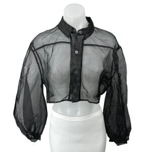 NEW By Anthropologie Black Balloon Long Sleeve Button Sheer Crop Blouse Top OS